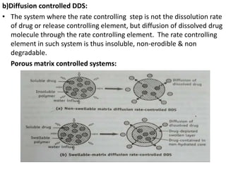 b)Diffusion controlled DDS:
• The system where the rate controlling step is not the dissolution rate
of drug or release controlling element, but diffusion of dissolved drug
molecule through the rate controlling element. The rate controlling
element in such system is thus insoluble, non-erodible & non
degradable.
Porous matrix controlled systems:
 