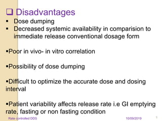  Disadvantages
 Dose dumping
 Decreased systemic availability in comparision to
immediate release conventional dosage form
Poor in vivo- in vitro correlation
Possibility of dose dumping
Difficult to optimize the accurate dose and dosing
interval
Patient variability affects release rate i.e GI emptying
rate, fasting or non fasting condition
10/09/2019 5Rate controlled DDS
 