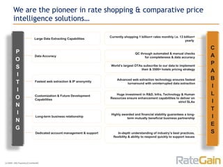 We are the pioneer in rate shopping & comparative price intelligence solutions… Large Data Extracting Capabilities Currently shopping 1 billion+ rates monthly i.e. 13 billion+ yearly  Data Accuracy QC through automated & manual checks for completeness & data accuracy World’s largest OTAs subscribe to our data to implement their & 3500+ hotels pricing strategy Customization & Future Development Capabilities Huge investment in R&D, Infra, Technology & Human Resources ensure enhancement capabilities to deliver on strict SLAs Long-term business relationship Highly awarded and financial stability guarantees a long-term mutually beneficial business partnership Dedicated account management & support In-depth understanding of industry’s best practices, flexibility & ability to respond quickly to support issues Fastest web extraction & IP anonymity Advanced web extraction technology ensures fastest turnaround with uninterrupted data extraction P O S I T I O N I N G C A P A B I L I T I E S 
