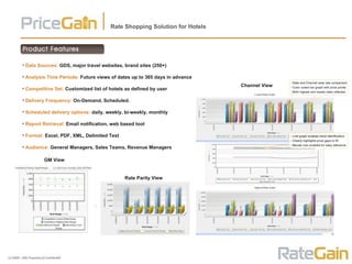 Data Sources:  GDS, major travel websites, brand sites (250+) Analysis Time Periods:  Future views of dates up to 365 days in advance Competitive Set:  Customized list of hotels as defined by user Delivery Frequency:  On-Demand, Scheduled.  Scheduled delivery options:  daily, weekly, bi-weekly, monthly Report Retrieval:  Email notification, web based tool Format:  Excel, PDF, XML, Delimited Text Audience:  General Managers, Sales Teams, Revenue Managers Rate Shopping Solution for Hotels Channel View GM View Rate Parity View 