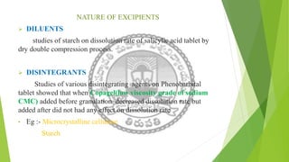 NATURE OF EXCIPIENTS
 DILUENTS
studies of starch on dissolution rate of salicylic acid tablet by
dry double compression process.
 DISINTEGRANTS
Studies of various disintegrating agents on Phenobarbital
tablet showed that when Copagel(low viscosity grade of sodium
CMC) added before granulation decreased dissolution rate but
added after did not had any effect on dissolution rate
• Eg :- Microcrystalline cellulose
Starch
 