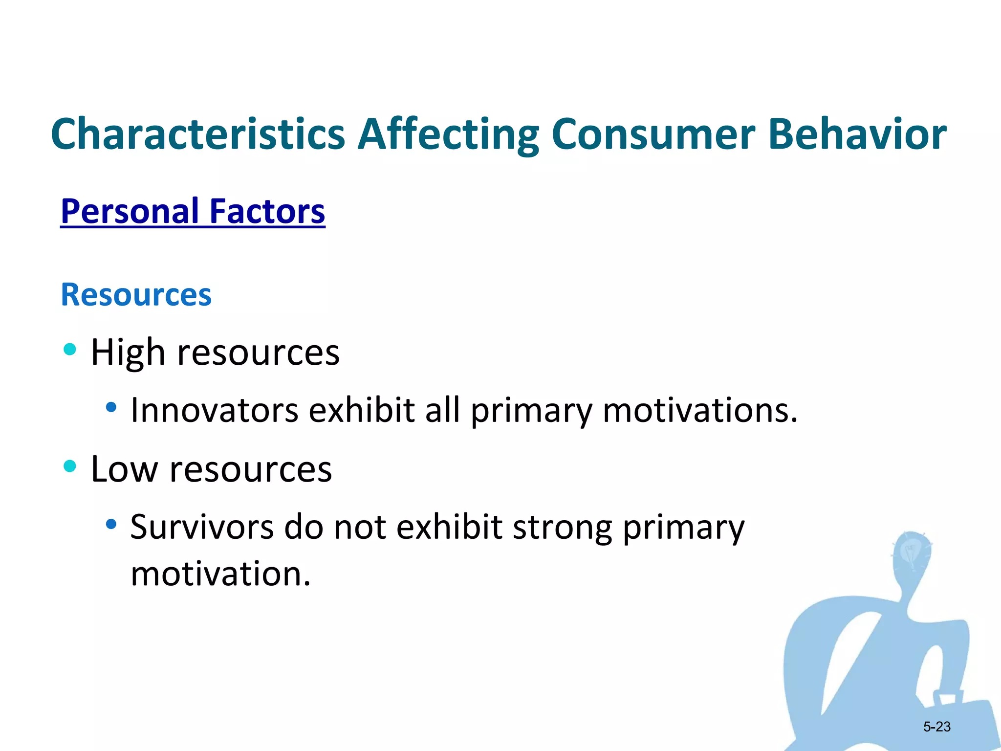 Characteristics Affecting Consumer Behavior
Personal Factors

Resources
• High resources
  • Innovators exhibit all primary motivations.
• Low resources
  • Survivors do not exhibit strong primary
    motivation.


                                                  5-23
 