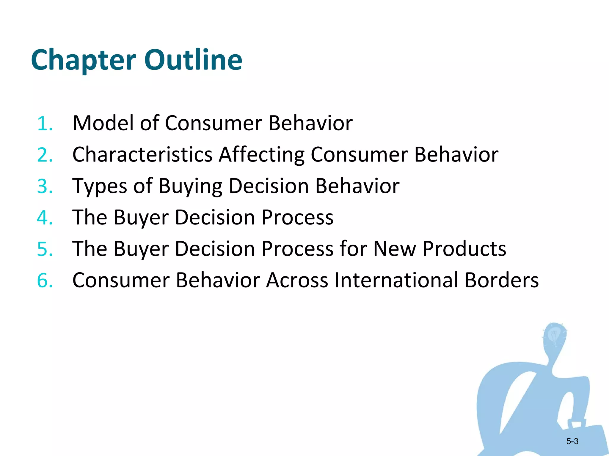Chapter Outline
1.   Model of Consumer Behavior
2.   Characteristics Affecting Consumer Behavior
3.   Types of Buying Decision Behavior
4.   The Buyer Decision Process
5.   The Buyer Decision Process for New Products
6.   Consumer Behavior Across International Borders




                                                      5-3
 