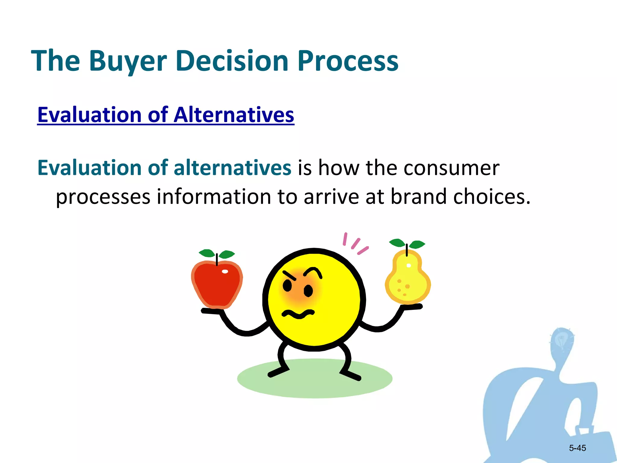 The Buyer Decision Process
Evaluation of Alternatives

Evaluation of alternatives is how the consumer
  processes information to arrive at brand choices.




                                                      5-45
 