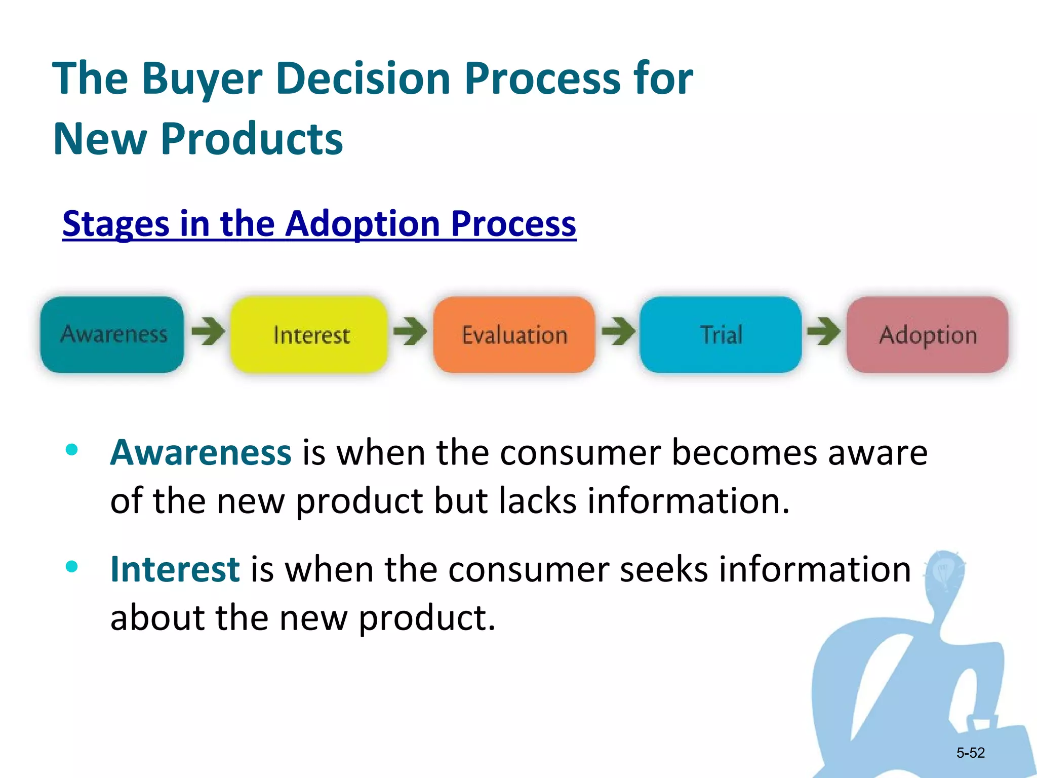 The Buyer Decision Process for
New Products
Stages in the Adoption Process




• Awareness is when the consumer becomes aware
  of the new product but lacks information.
• Interest is when the consumer seeks information
  about the new product.


                                                    5-52
 