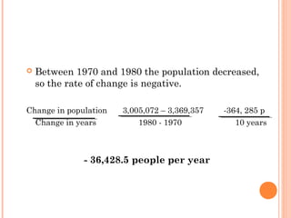  Between 1970 and 1980 the population decreased, 
so the rate of change is negative. 
Change in population 3,005,072 – 3,369,357 -364, 285 p 
Change in years 1980 - 1970 10 years 
- 36,428.5 people per year 
 