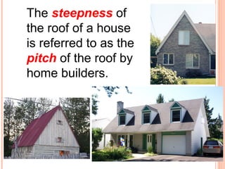 The steepness of 
the roof of a house 
is referred to as the 
pitch of the roof by 
home builders. 
 