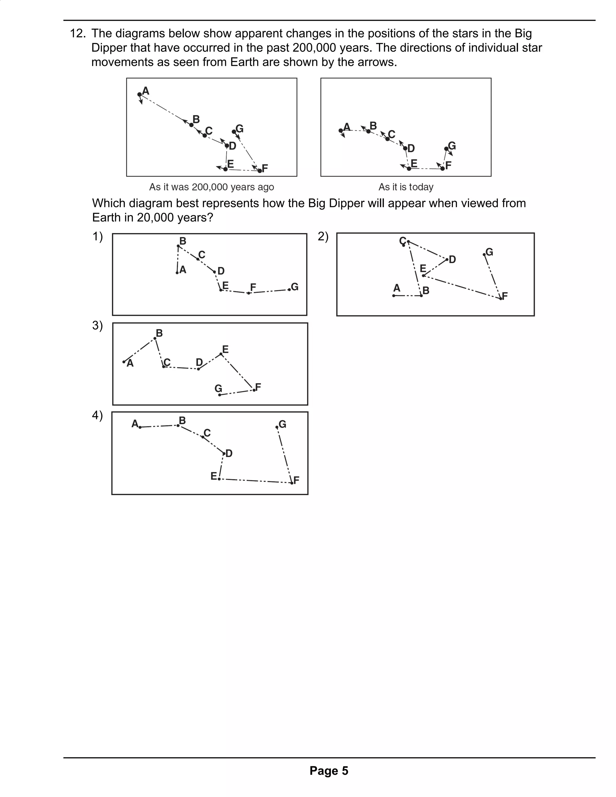 12. The diagrams below show apparent changes in the positions of the stars in the Big
    Dipper that have occurred in the past 200,000 years. The directions of individual star
    movements as seen from Earth are shown by the arrows.




    Which diagram best represents how the Big Dipper will appear when viewed from
    Earth in 20,000 years?
    1)                                         2)




    3)




    4)




                                             Page 5
 