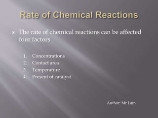  The rate of chemical reactions can be affected
four factors
1. Concentrations
2. Contact area
3. Temperature
4. Present of catalyst
Author: Mr Lam
 