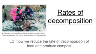 Rates of
decomposition
LO: how we reduce the rate of decomposition of
food and produce compost
 