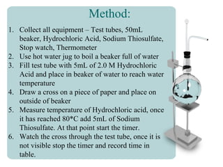 Method:
1. Collect all equipment – Test tubes, 50mL
beaker, Hydrochloric Acid, Sodium Thiosulfate,
Stop watch, Thermometer
2. Use hot water jug to boil a beaker full of water
3. Fill test tube with 5mL of 2.0 M Hydrochloric
Acid and place in beaker of water to reach water
temperature
4. Draw a cross on a piece of paper and place on
outside of beaker
5. Measure temperature of Hydrochloric acid, once
it has reached 80*C add 5mL of Sodium
Thiosulfate. At that point start the timer.
6. Watch the cross through the test tube, once it is
not visible stop the timer and record time in
table.
 