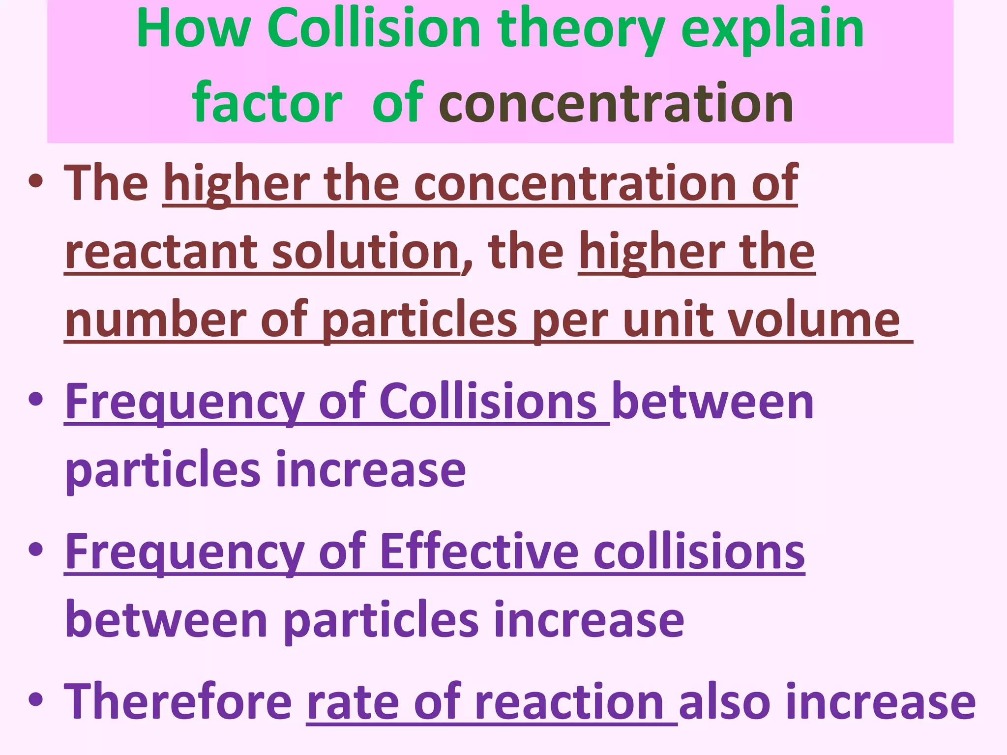 How Collision theory explain factor  of  concentration  The  higher the concentration of reactant solution , the  higher the number of particles per unit volume  Frequency of Collisions  between particles increase Frequency of Effective collisions  between particles increase Therefore  rate of reaction  also increase 
