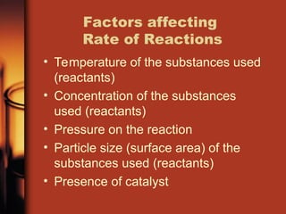 Factors affecting
Rate of Reactions
• Temperature of the substances used
(reactants)
• Concentration of the substances
used (reactants)
• Pressure on the reaction
• Particle size (surface area) of the
substances used (reactants)
• Presence of catalyst
 