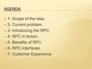 AGENDA
 1- Scope of the idea.
 2- Current problem.
 3- Introducing the RPC.
 4- RPC in Action.
 5- Benefits of RPC.
 6- RPC interfaces.
 7- Customer Experience
 