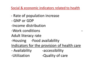 Social	&	economic	indicators	related to health
- Rate	of	population	increase
- GNP	or	GDP
-Income	distribution
-Work	conditions -
Adult	literacy	rate
-Housing					-Food	availability
Indicators	for	the	provision	of	health	care									
- Availability											-accessibility
-Utilization													-Quality	of	care
 