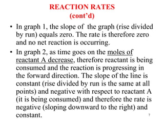 REACTION RATES
(cont’d)
• In graph 1, the slope of the graph (rise divided
by run) equals zero. The rate is therefore zero
and no net reaction is occurring.
• In graph 2, as time goes on the moles of
reactant A decrease, therefore reactant is being
consumed and the reaction is progressing in
the forward direction. The slope of the line is
constant (rise divided by run is the same at all
points) and negative with respect to reactant A
(it is being consumed) and therefore the rate is
negative (sloping downward to the right) and
constant. 7
 