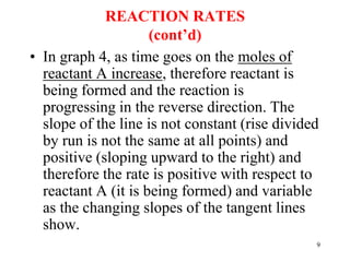 REACTION RATES
(cont’d)
• In graph 4, as time goes on the moles of
reactant A increase, therefore reactant is
being formed and the reaction is
progressing in the reverse direction. The
slope of the line is not constant (rise divided
by run is not the same at all points) and
positive (sloping upward to the right) and
therefore the rate is positive with respect to
reactant A (it is being formed) and variable
as the changing slopes of the tangent lines
show.
9
 