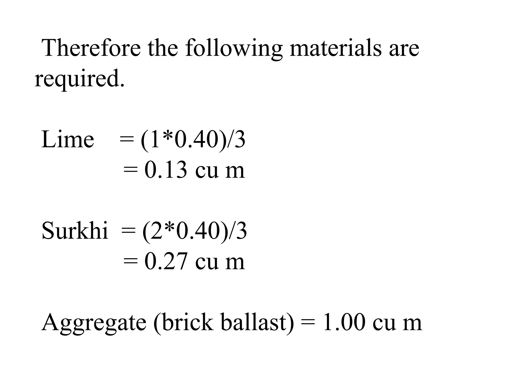 Therefore the following materials are
required.
Lime = (1*0.40)/3
= 0.13 cu m
Surkhi = (2*0.40)/3
= 0.27 cu m
Aggregate (brick ballast) = 1.00 cu m
 
