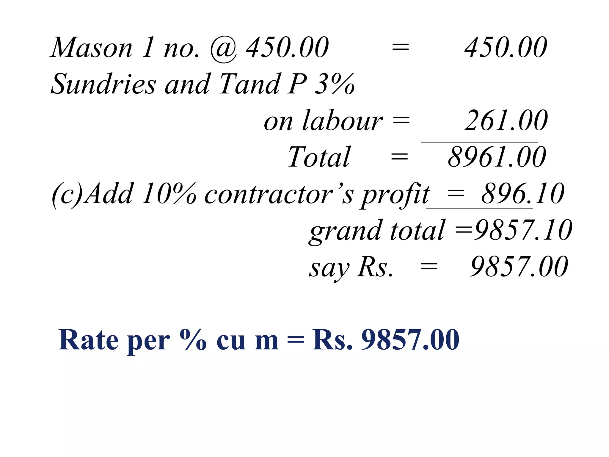 Mason 1 no. @ 450.00 = 450.00
Sundries and Tand P 3%
on labour = 261.00
Total = 8961.00
(c)Add 10% contractor’s profit = 896.10
grand total =9857.10
say Rs. = 9857.00
Rate per % cu m = Rs. 9857.00
 