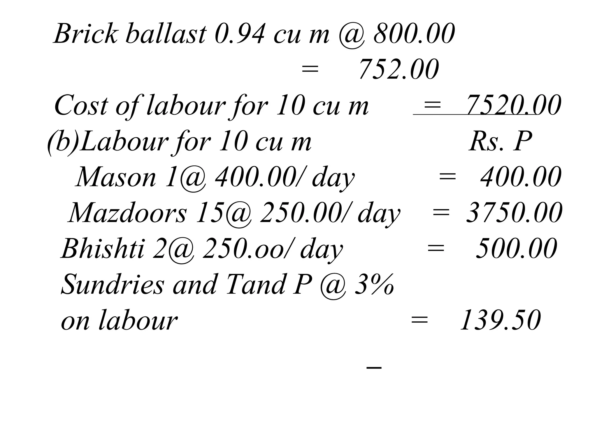 Brick ballast 0.94 cu m @ 800.00
= 752.00
Cost of labour for 10 cu m = 7520.00
(b)Labour for 10 cu m Rs. P
Mason 1@ 400.00/ day = 400.00
Mazdoors 15@ 250.00/ day = 3750.00
Bhishti 2@ 250.oo/ day = 500.00
Sundries and Tand P @ 3%
on labour = 139.50
 