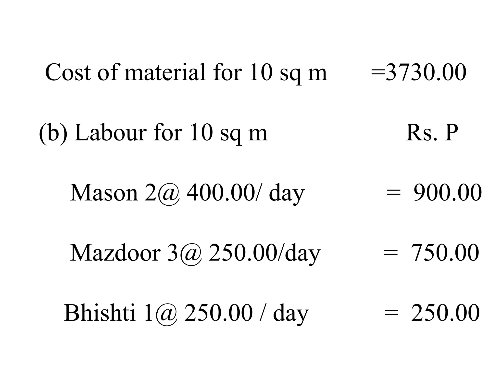 Cost of material for 10 sq m =3730.00
(b) Labour for 10 sq m Rs. P
Mason 2@ 400.00/ day = 900.00
Mazdoor 3@ 250.00/day = 750.00
Bhishti 1@ 250.00 / day = 250.00
 