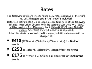 Rates The following rates are the standard daily rates exclusive of the start-up cost that gets you1 Arena event included. Before selecting a start up package, please take note of the following details: The product chosen with the start-up cost be it PVC (£350) will be used for 7 to 10 events, be it Nylon (£1950) from 40 to 60 events. After that they will need to be replaced. After the start-up fee and the first event, additional events will be charged at:  ,[object Object]
