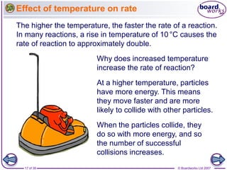 © Boardworks Ltd 200717 of 39
Effect of temperature on rate
The higher the temperature, the faster the rate of a reaction.
In many reactions, a rise in temperature of 10°C causes the
rate of reaction to approximately double.
Why does increased temperature
increase the rate of reaction?
At a higher temperature, particles
have more energy. This means
they move faster and are more
likely to collide with other particles.
When the particles collide, they
do so with more energy, and so
the number of successful
collisions increases.
 