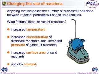 © Boardworks Ltd 20076 of 39
Changing the rate of reactions
 increased temperature
 increased concentration of
dissolved reactants, and increased
pressure of gaseous reactants
 increased surface area of solid
reactants
 use of a catalyst.
Anything that increases the number of successful collisions
between reactant particles will speed up a reaction.
What factors affect the rate of reactions?
 
