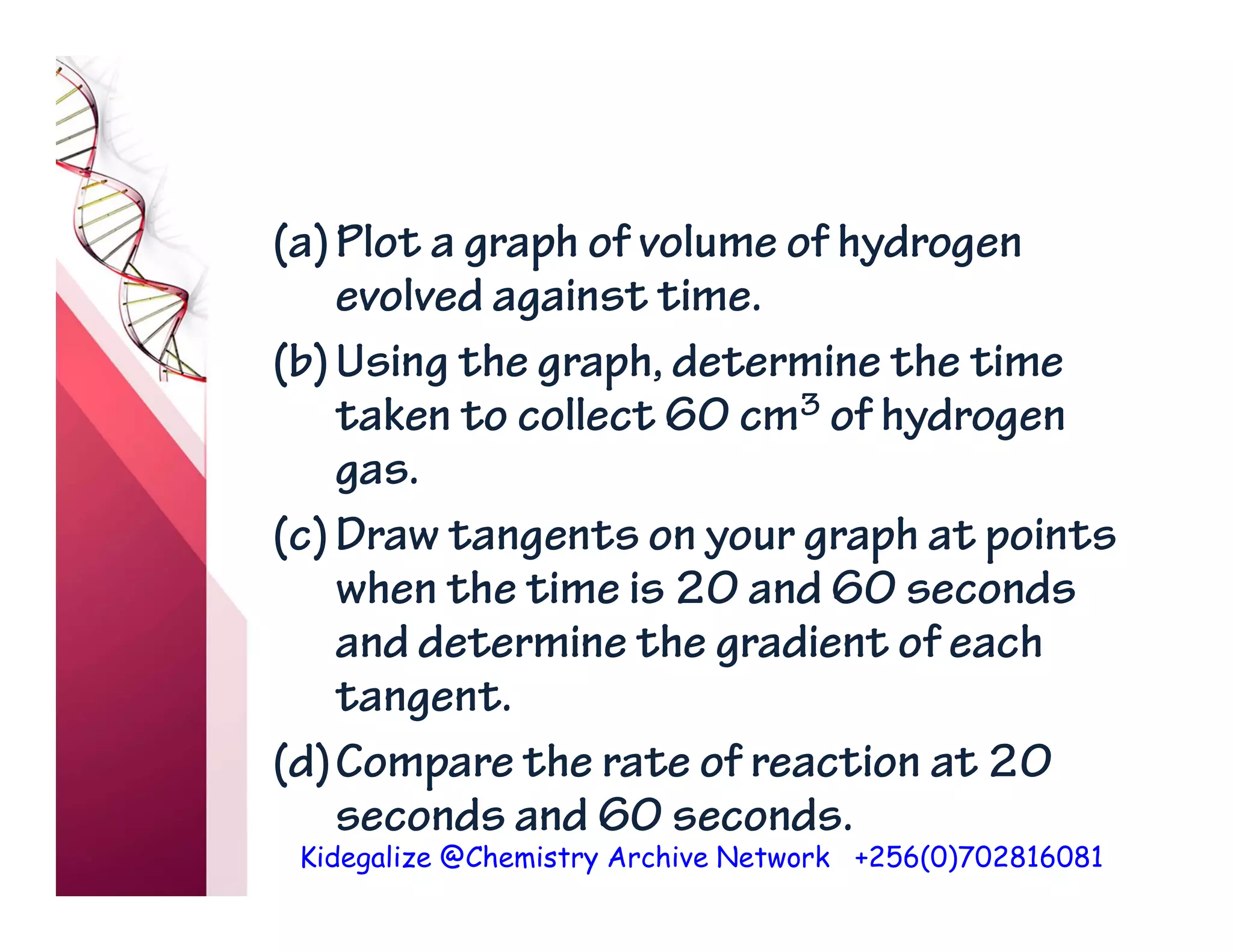 Kidegalize @Chemistry Archive Network +256(0)702816081
(a)Plot a graph of volume of hydrogen
evolved against time.
(b)Using the graph, determine the time
taken to collect 60 cm3 of hydrogen
gas.
(c)Draw tangents on your graph at points
when the time is 20 and 60 seconds
and determine the gradient of each
tangent.
(d)Compare the rate of reaction at 20
seconds and 60 seconds.
 