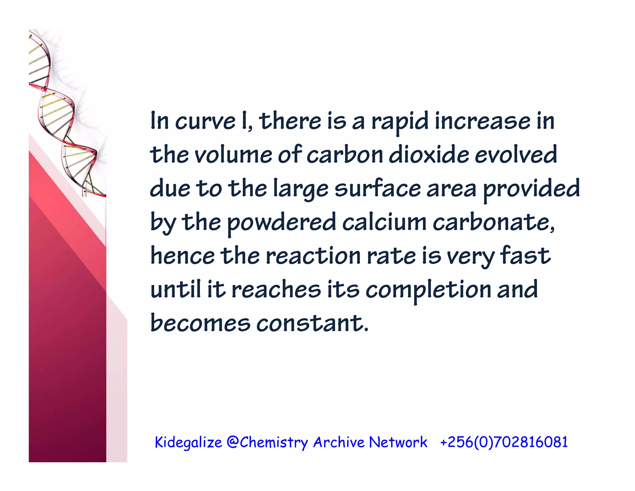 Kidegalize @Chemistry Archive Network +256(0)702816081
In curve I, there is a rapid increase in
the volume of carbon dioxide evolved
due to the large surface area provided
by the powdered calcium carbonate,
hence the reaction rate is very fast
until it reaches its completion and
becomes constant.
 