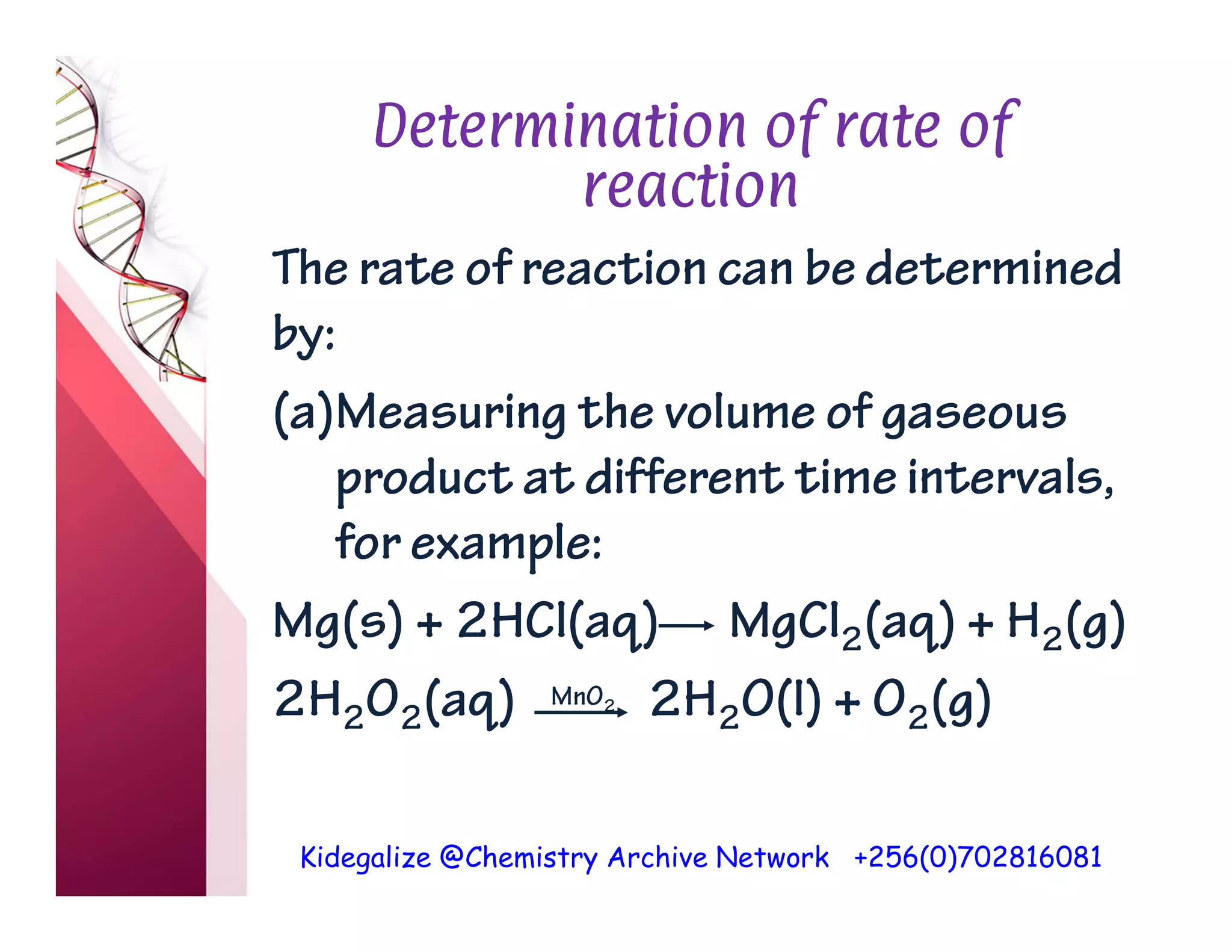 Kidegalize @Chemistry Archive Network +256(0)702816081
Determination of rate of
reaction
The rate of reaction can be determined
by:
(a)Measuring the volume of gaseous
product at different time intervals,
for example:
Mg(s) + 2HCl(aq) MgCl2(aq) + H2(g)
2H2O2(aq) 2H2O(l) + O2(g)
MnO2
 