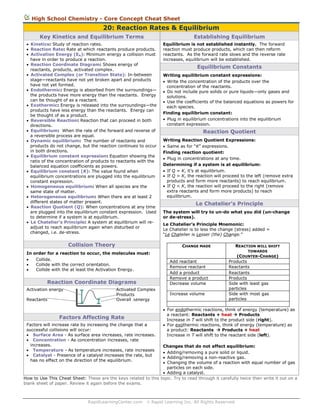 High School Chemistry - Core Concept Cheat Sheet

20: Reaction Rates & Equilibrium
Key Kinetics and Equilibrium Terms

Establishing Equilibrium

 Kinetics: Study of reaction rates.
 Reaction Rate: Rate at which reactants produce products.
 Activation Energy (EA): Minimum energy a collision must
have in order to produce a reaction.
 Reaction Coordinate Diagram: Shows energy of
reactants, products, activated complex.
 Activated Complex (or Transition State): In-between
stage—reactants have not yet broken apart and products
have not yet formed.
 Endothermic: Energy is absorbed from the surroundings—
the products have more energy than the reactants. Energy
can be thought of as a reactant.
 Exothermic: Energy is released into the surroundings—the
products have less energy than the reactants. Energy can
be thought of as a product.
 Reversible Reaction: Reaction that can proceed in both
directions.
 Equilibrium: When the rate of the forward and reverse of
a reversible process are equal.
 Dynamic equilibrium: The number of reactants and
products do not change, but the reaction continues to occur
in both directions.
 Equilibrium constant expression: Equation showing the
ratio of the concentration of products to reactants with the
balanced equation coefficients as powers.
 Equilibrium constant (K): The value found when
equilibrium concentrations are plugged into the equilibrium
constant expression.
 Homogeneous equilibrium: When all species are the
same state of matter.
 Heterogeneous equilibrium: When there are at least 2
different states of matter present.
 Reaction Quotient (Q): When concentrations at any time
are plugged into the equilibrium constant expression. Used
to determine if a system is at equilibrium.
 Le Chatelier’s Principle: A system at equilibrium will readjust to reach equilibrium again when disturbed or
changed, i.e. de-stress.

Collision Theory
In




Reaction Coordinate Diagrams
Reactants

Equilibrium Constants
Writing equilibrium constant expressions:
 Write the concentration of the products over the
concentration of the reactants.
 Do not include pure solids or pure liquids—only gases and
solutions.
 Use the coefficients of the balanced equations as powers for
each species.
Finding equilibrium constant:
 Plug in equilibrium concentrations into the equilibrium
constant expression.

Reaction Quotient
Writing Reaction Quotient Expressions:
 Same as for “K” expressions.
Finding reaction quotient:
 Plug in concentrations at any time.
Determining if a system is at equilibrium:
 If Q = K, it’s at equilibrium.
 If Q > K, the reaction will proceed to the left (remove extra
products and form more reactants) to reach equilibrium.
 If Q < K, the reaction will proceed to the right (remove
extra reactants and form more products) to reach
equilibrium.

Le Chatelier’s Principle
The system will try to un-do what you did (un-change
or de-stress).
Le Chatelier’s Principle Mnemonic:
Le Chatelier is to less the change (stress) added =
“Le Chatelier is Lesser (the) Change.”
CHANGE MADE

order for a reaction to occur, the molecules must:
Collide.
Collide with the correct orientation.
Collide with the at least the Activation Energy.

Activation energy

Equilibrium is not established instantly. The forward
reaction must produce products, which can then reform
reactants. As the forward rate slows and the reverse rate
increases, equilibrium will be established.

Activated Complex
Products
Overall energy

Factors Affecting Rate
Factors will increase rate by increasing the change that a
successful collisions will occur:
 Surface Area - As surface area increases, rate increases.
 Concentration - As concentration increases, rate
increases.
 Temperature - As temperature increases, rate increases
 Catalyst - Presence of a catalyst increases the rate, but
has no effect on the direction of the equilibrium.

REACTION WILL SHIFT
TOWARDS

Add reactant
Remove reactant
Add a product
Remove a product
Decrease volume
Increase volume

(COUNTER-CHANGE)
Products
Reactants
Reactants
Products
Side with least gas
particles
Side with most gas
particles

 For endothermic reactions, think of energy (temperature) as
a reactant: Reactants + heat  Products
Increase in T will shift to the product side (right).
 For exothermic reactions, think of energy (temperature) as
a product: Reactants  Products + heat
Increase in T will shift to the reactant side (left).

Changes that do not affect equilibrium:
 Adding/removing a pure solid or liquid.
 Adding/removing a non-reactive gas.
 Changing the volume of a reaction with equal number of gas
particles on each side.
 Adding a catalyst.
How to Use This Cheat Sheet: These are the keys related to this topic. Try to read through it carefully twice then write it out on a
blank sheet of paper. Review it again before the exams.

RapidLearningCenter.com

 Rapid Learning Inc. All Rights Reserved

 