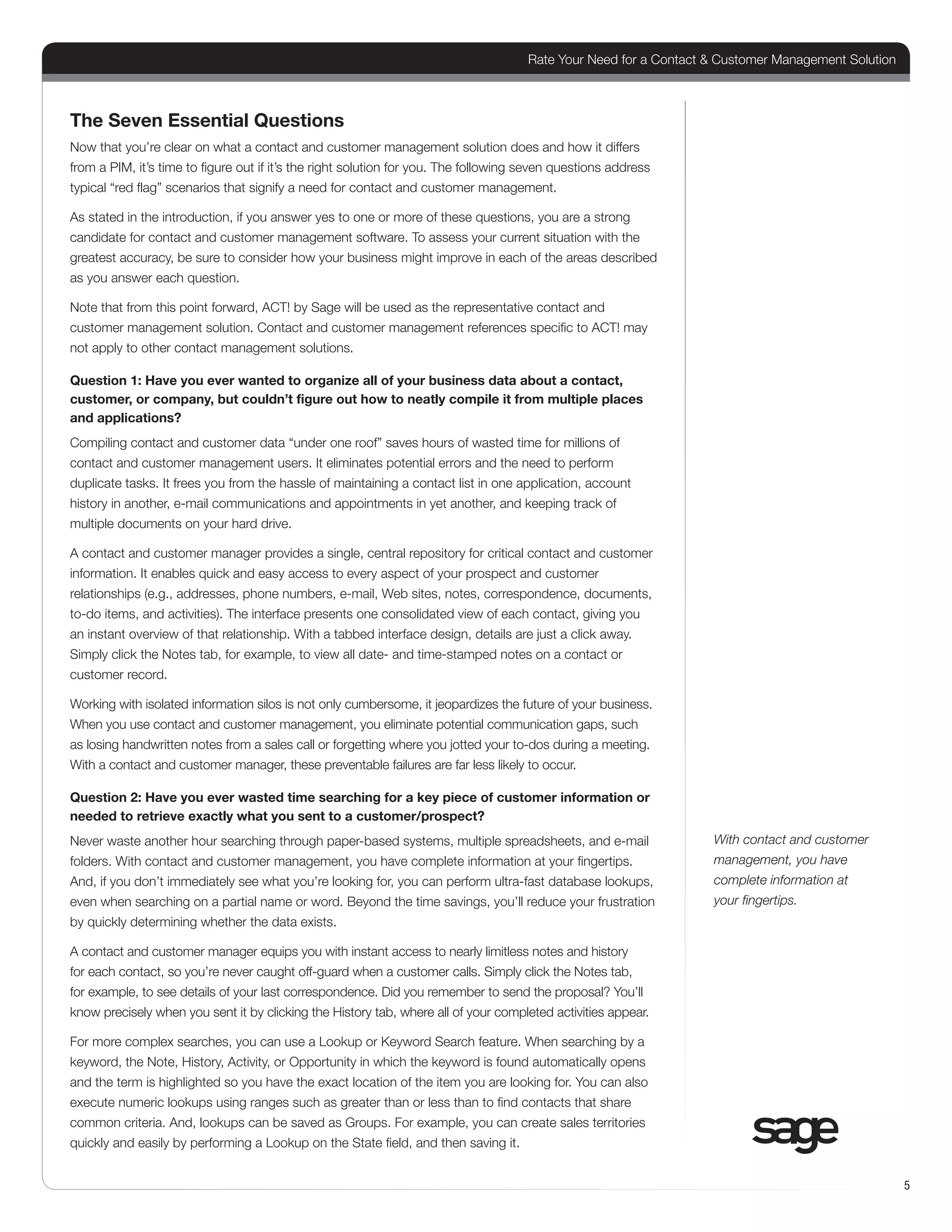 Rate Your Need for a Contact & Customer Management Solution