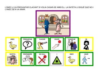 L’ÀNEC LI VA PREGUNTAR CLACANT SI VOLIA CASAR-SE AMB ELL. LA RATETA LI DIGUÉ QUE NO I
L’ÀNEC SE’N VA ANAR.




     ÀNEC        PREGUNTAR       CLACAR        VOLER        CASAR-SE         MI




    RATETA       RESPONDRE      NO VULL          I            ÀNEC          ANAR
 