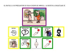 EL RATOLÍ LI VA PREGUNTAR SI VOLIA CASAR-SE AMB ELL. LA RATETA LI DIGUÉ QUE SÍ.




          RATOLÍ       PREGUNTAR       VOLER        CASAR-SE         MI




         RATETA        RESPONDRE         SI           VULL
 