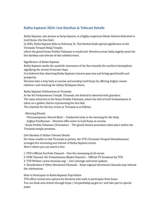 Ratha Sapthami 2024 Live Darshan & Telecast Details | PDF