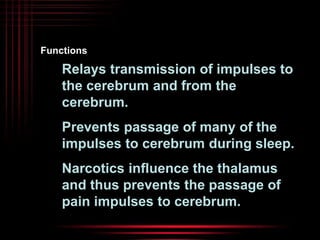Functions 
Relays transmission of impulses to 
the cerebrum and from the 
cerebrum. 
Prevents passage of many of the 
impulses to cerebrum during sleep. 
Narcotics influence the thalamus 
and thus prevents the passage of 
pain impulses to cerebrum. 
 