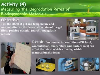 Activity (4)
Measuring the Degradation Rates of
Biodegradable Materials.
Objective:
Test the effect of pH and temperature and
concentration on the degradation rates of the gel
films, packing material (starch), and gelatin
capsule.
Result: Environmental conditions (PH level,
concentration, temperature and surface area) can
affect the rate at which a biodegradable
material breaks down.
 