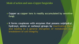 Mode of action and uses-Copper fungicides
 Copper as copper ions is readily accumulated by sensitive
fungi.
 It forms couplexes with enzymes that possess sulphydryl,
hydroxyl, amino or carboxyl groups by inactivating them
and leading to a general disruption of metabolism and
breakdown of cell integrity
 