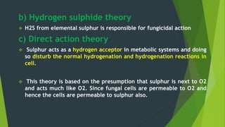 b) Hydrogen sulphide theory
 H2S from elemental sulphur is responsible for fungicidal action
c) Direct action theory
 Sulphur acts as a hydrogen acceptor in metabolic systems and doing
so disturb the normal hydrogenation and hydrogenation reactions in
cell.
 This theory is based on the presumption that sulphur is next to O2
and acts much like O2. Since fungal cells are permeable to O2 and
hence the cells are permeable to sulphur also.
 