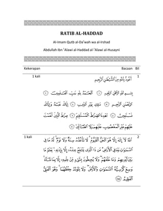 
RATIB AL-HADDAD
Al-Imam Qutb al-Dac
wah wa al-Irshad
Abdullah Ibn c
Alawi al-Haddad al-c
Alawi al-Husayni

Kekerapan Bacaan Bil
1 kali
‫ﮁ‬‫ﮤ‬‫ﮣ‬‫ﮢ‬‫ﮡ‬
‫ﭕ‬ ‫ﭔ‬ ‫ﭓ‬ ‫ﭒ‬ ‫ﭑ‬‫ﭚ‬ ‫ﭙ‬ ‫ﭘ‬ ‫ﭗ‬ ‫ﭖ‬
‫ﭤ‬ ‫ﭣ‬ ‫ﭢ‬ ‫ﭡ‬ ‫ﭠ‬ ‫ﭟ‬ ‫ﭞ‬ ‫ﭝ‬ ‫ﭜ‬ ‫ﭛ‬
‫ﭭ‬‫ﭬ‬‫ﭫ‬ ‫ﭪ‬‫ﭩ‬‫ﭨ‬‫ﭧ‬ ‫ﭦ‬‫ﭥ‬
‫ﭴ‬‫ﭳ‬‫ﭲ‬‫ﭱ‬‫ﭰ‬‫ﭯ‬‫ﭮ‬
1
1 kali
‫ﯔ‬‫ﯓ‬‫ﮱ‬‫ﮰ‬‫ﮯ‬‫ﮮ‬‫ﮭ‬ ‫ﮬ‬‫ﮫ‬‫ﮪ‬‫ﮩ‬‫ﮨ‬‫ﮧ‬‫ﮦ‬‫ﮥ‬‫ﮤ‬‫ﮣ‬
‫ﯣ‬‫ﯢ‬‫ﯡ‬‫ﯠ‬‫ﯟ‬‫ﯞ‬‫ﯝ‬‫ﯜ‬‫ﯛ‬‫ﯚ‬‫ﯙ‬‫ﯘ‬‫ﯗ‬‫ﯖ‬‫ﯕ‬
‫ﯱ‬‫ﯰ‬‫ﯯ‬‫ﯮ‬‫ﯭ‬‫ﯬ‬‫ﯫ‬‫ﯪ‬‫ﯩ‬‫ﯨ‬‫ﯧ‬‫ﯦ‬‫ﯥ‬‫ﯤ‬
‫ﯼ‬ ‫ﯻ‬ ‫ﯺ‬ ‫ﯹ‬ ‫ﯸ‬ ‫ﯷ‬ ‫ﯶ‬ ‫ﯵ‬ ‫ﯴ‬ ‫ﯳ‬ ‫ﯲ‬
‫ﯽ‬‫ﯾ‬
2
 