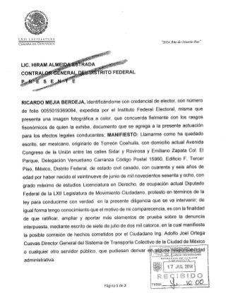 Ratificación de la denuncia presentada por el diputado Ricardo Mejía en contra de Joel Ortega Cuevas, director de STC metro