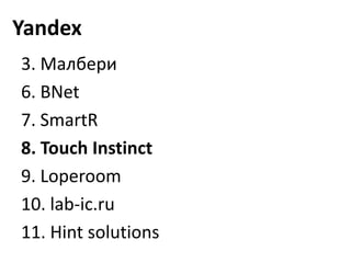 Yandex
3. ѧݧҧ֧
6. BNet
7. SmartR
8. Touch Instinct
9. Loperoom
10. lab-ic.ru
11. Hint solutions
 