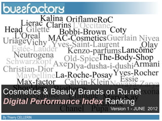 Cosmetics & Beauty Brands on Ru.net
Digital Performance Index Ranking
                                                                                 Version 1 - JUNE 2012
By Thierry CELLERIN   Want to know more about your brand’s ranking? Contact us             All right reserved Buzzfactory. 2012
 