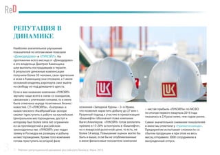 Рейтинг репутационной динамики российского бизнеса. Июнь 2016
РЕПУТАЦИЯ В
ДИНАМИКЕ
Наиболее значительное улучшение
показателей по итогам июня показали
«Домодедово» и «ЛУКОЙЛ». На
протяжении всего месяца от «Домодедово»
и его владельца Дмитрия Каменщика
шли выплаты пострадавшим в теракте.
В результате денежные компенсации
получили более 50 человек, свои претензии
и иски к Каменщику они отозвали, а 1 июля
основной владелец аэропорта смог выйти
на свободу из-под домашнего ареста.
Если в мае название компании «ЛУКОЙЛ»
звучало чаще всего в связи со скандалом,
связанным с уличными гонками, то в июне
была отмечена череда позитивных бизнес-
новостей. СП «ЛУКОЙЛа», «Газпрома» и
казахстанского «КазМунайГаза» вскоре
сможет приступить к работе на каспийском
Центральном месторождении, доступ к
которому был более пяти лет ограничен
из-за противоречий в российском
законодательстве. «ЛУКОЙЛ» уже подал
заявку в Роснедра на разведку и добычу
на месторождении. Кроме того компания
готова приступить ко второй фазе
освоения «Западной Курны – 2» в Ираке,
что позволит нарастить добычу до 27 млн т.
Разумный подход к участию в приватизации
«Башнефти» обозначил глава компании
Вагит Алекперов: «ЛУКОЙЛ» готов заплатить
премию в 15-20% за контроль в «Башнефти»,
но к январской рыночной цене, то есть, не
более $4 млрд. Повышение оценок могло бы
быть и выше, если бы не опубликованные
в июне финансовые показатели компании
– чистая прибыль «ЛУКОЙЛа» по МСФО
по итогам первого квартала 2016 года
оказалась в 2,4 раза ниже, чем годом ранее.
Самое значительное снижение показателей
в июне мы отметили у «Уралвагонзавода».
Предприятие испытывает сложности со
сбытом продукции и при этом на весь
месяц отправило 3000 сотрудников в
вынужденный отпуск.
3
 