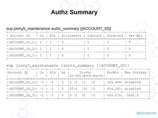 @kazoocon
Authz Summary
sup jonny5_maintenance authz_summary [{ACCOUNT_ID}]
+--------------+----+-----+------------+---------+----------+---------+
| Account ID | Cs | RCs | Allotments | Inbound | Outbound | Per Min |
+==============+====+=====+============+=========+==========+=========+
|{ACCOUNT_ID_1}| 1 | 1 | 0 | 1 | 0 | 0 |
+--------------+----+-----+------------+---------+----------+---------+
|{ACCOUNT_ID_2}| 1 | 1 | 0 | 1 | 0 | 0 |
+--------------+----+-----+------------+---------+----------+---------+
|{ACCOUNT_ID_3}| 1 | 1 | 0 | 1 | 0 | 0 |
+--------------+----+-----+------------+---------+----------+---------+
sup jonny5_maintenance limits_summary [{ACCOUNT_ID}]
+--------------+----+-----+----+-----------------+--------+-------------+
|Account ID | Cs | RCs | As | Trunks | PerMin | Max Postpay |
| | | | |In|Out|Both|Burst| | |
+==============+====+=====+====+=================+========+=============+
|{ACCOUNT_ID_1}| -1 | -1 | 0 |3 |0 |3 |0 | 124.668| disabled |
+--------------+----+-----+----+-----------------+--------+-------------+
|{ACCOUNT_ID_2}| -1 | -1 | 0 |20|0 |20 |0 | 814.201| disabled |
+--------------+----+-----+----+-----------------+--------+-------------+
|{ACCOUNT_ID_3}| -1 | -1 | 0 |0 |0 |0 |0 | 693.675| -5000.0 |
+--------------+----+-----+----+-----------------+--------+-------------+
 