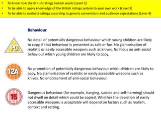 • To know how the British ratings system works (Level 2) 
• To be able to apply knowledge of the British ratings system to your own work (Level 3) 
• To be able to evaluate ratings according to generic conventions and audience expectations (Level 4) 
Behaviour 
No detail of potentially dangerous behaviour which young children are likely 
to copy, if that behaviour is presented as safe or fun. No glamorisation of 
realistic or easily accessible weapons such as knives. No focus on anti-social 
behaviour which young children are likely to copy. 
No promotion of potentially dangerous behaviour which children are likely to 
copy. No glamorisation of realistic or easily accessible weapons such as 
knives. No endorsement of anti-social behaviour. 
Dangerous behaviour (for example, hanging, suicide and self-harming) should 
not dwell on detail which could be copied. Whether the depiction of easily 
accessible weapons is acceptable will depend on factors such as realism, 
context and setting. 
 