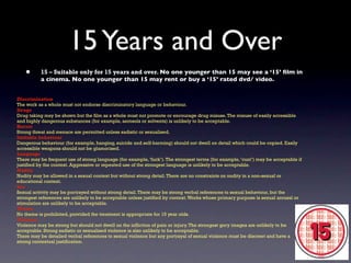 15 Years and Over
   •      15 – Suitable only for 15 years and over. No one younger than 15 may see a ‘15’ ﬁlm in
          a cinema. No one younger than 15 may rent or buy a ‘15’ rated dvd/ video.


Discrimination
The work as a whole must not endorse discriminatory language or behaviour.
Drugs
Drug taking may be shown but the film as a whole must not promote or encourage drug misuse. The misuse of easily accessible
and highly dangerous substances (for example, aerosols or solvents) is unlikely to be acceptable.
Horror
Strong threat and menace are permitted unless sadistic or sexualised.
Imitable behaviour
Dangerous behaviour (for example, hanging, suicide and self-harming) should not dwell on detail which could be copied. Easily
accessible weapons should not be glamorised.
Language
There may be frequent use of strong language (for example, ‘fuck’). The strongest terms (for example, ‘cunt’) may be acceptable if
justified by the context. Aggressive or repeated use of the strongest language is unlikely to be acceptable.
Nudity
Nudity may be allowed in a sexual context but without strong detail. There are no constraints on nudity in a non-sexual or
educational context.
Sex
Sexual activity may be portrayed without strong detail. There may be strong verbal references to sexual behaviour, but the
strongest references are unlikely to be acceptable unless justified by context. Works whose primary purpose is sexual arousal or
stimulation are unlikely to be acceptable.
Theme
No theme is prohibited, provided the treatment is appropriate for 15 year olds.
Violence
Violence may be strong but should not dwell on the infliction of pain or injury. The strongest gory images are unlikely to be
acceptable. Strong sadistic or sexualised violence is also unlikely to be acceptable.
There may be detailed verbal references to sexual violence but any portrayal of sexual violence must be discreet and have a
strong contextual justification.
 