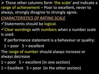  These other columns form ‘the scale’ and indicate a
range of achievement – Poor to excellent, never to
always, strongly disagree to strongly agree.
CHARACTERISTICS OF RATING SCALE
Statements should be logical.
Clear wordings with numbers when a number scale
is used.
If performance statement is a behaviour or quality:
1 = poor 5 = excellent
The range of number should always increase or
always decrease
1 = poor 5 = excellent (in one section)
1 = Excellent 5 = poor (in the other section)
 