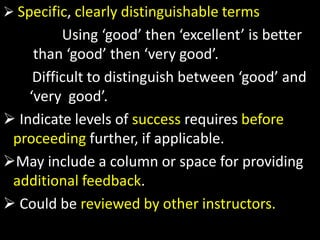  Specific, clearly distinguishable terms
Using ‘good’ then ‘excellent’ is better
than ‘good’ then ‘very good’.
Difficult to distinguish between ‘good’ and
‘very good’.
 Indicate levels of success requires before
proceeding further, if applicable.
May include a column or space for providing
additional feedback.
 Could be reviewed by other instructors.
 